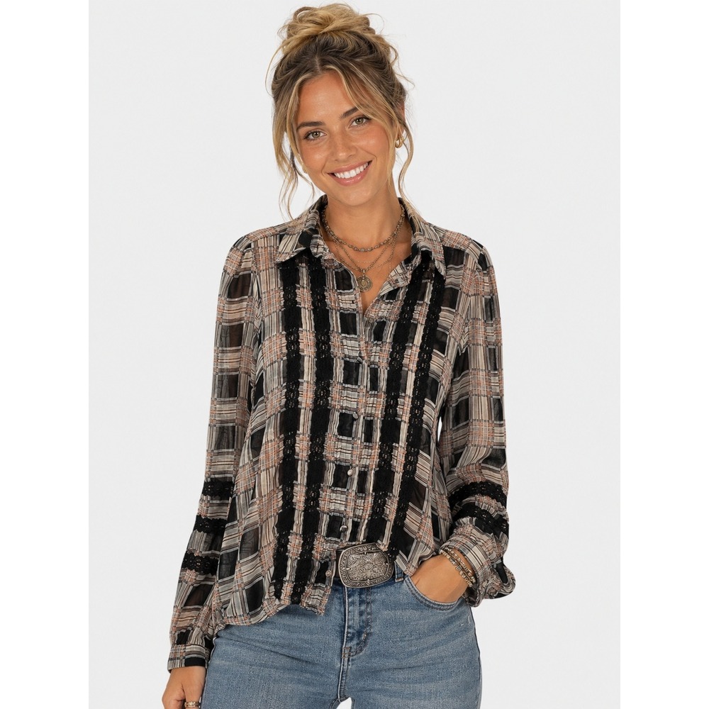 NWOT Allison New York Anthropologie Plaid Lace Sheer Button Blouse Top Black S